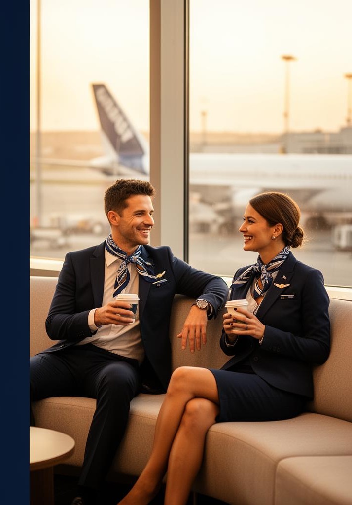 Two flight attendants — one male, one female — sitting together in an airport lounge, smiling and talking