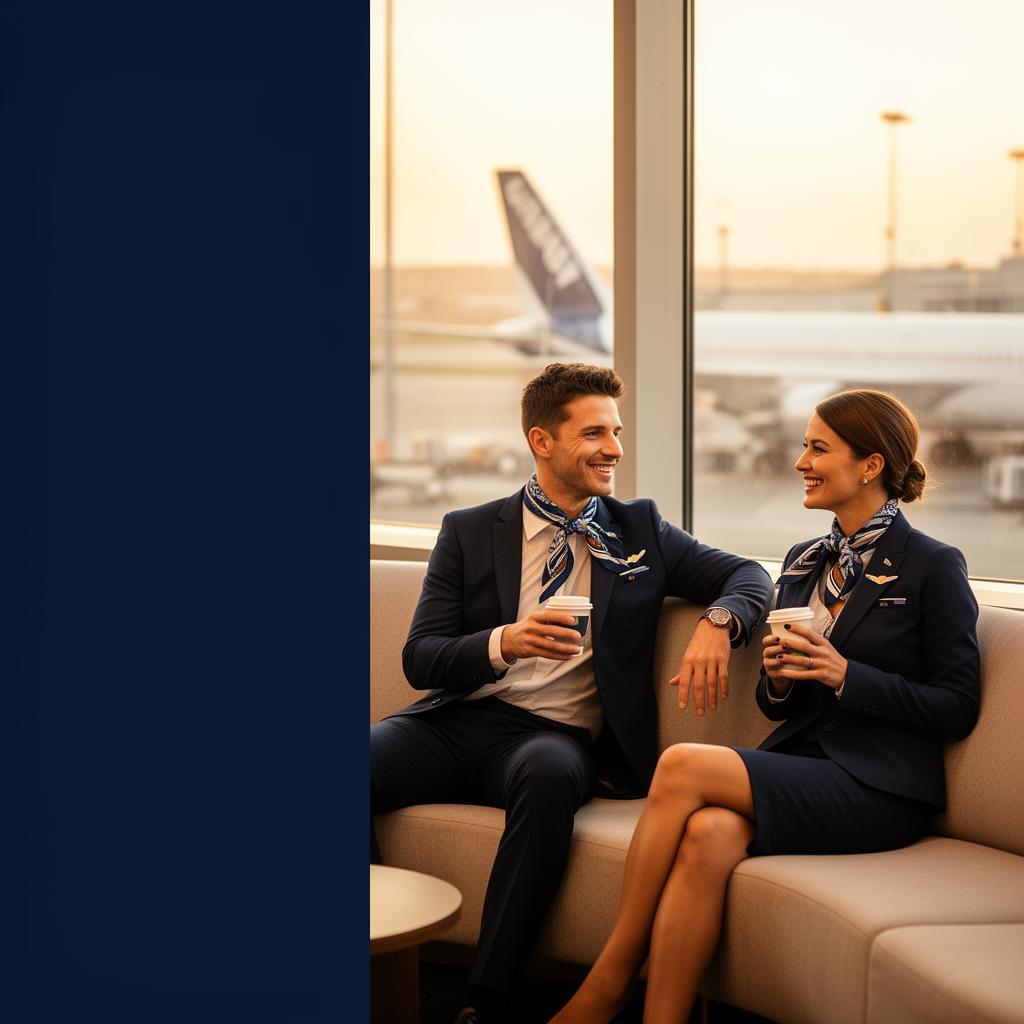 Two flight attendants — one male, one female — sitting together in an airport lounge, smiling and talking